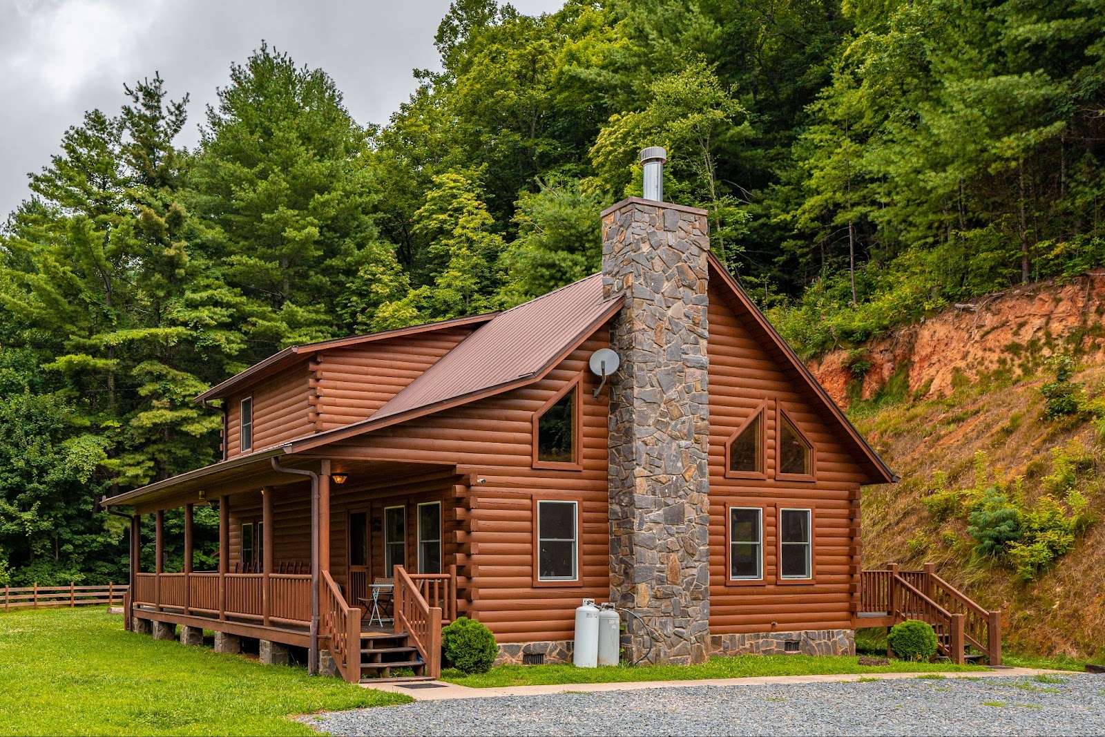 cabin trees chimney